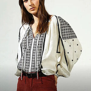 Frame Anita Peasant Oversized Long Sleeve Blouse Linen Embroidered​